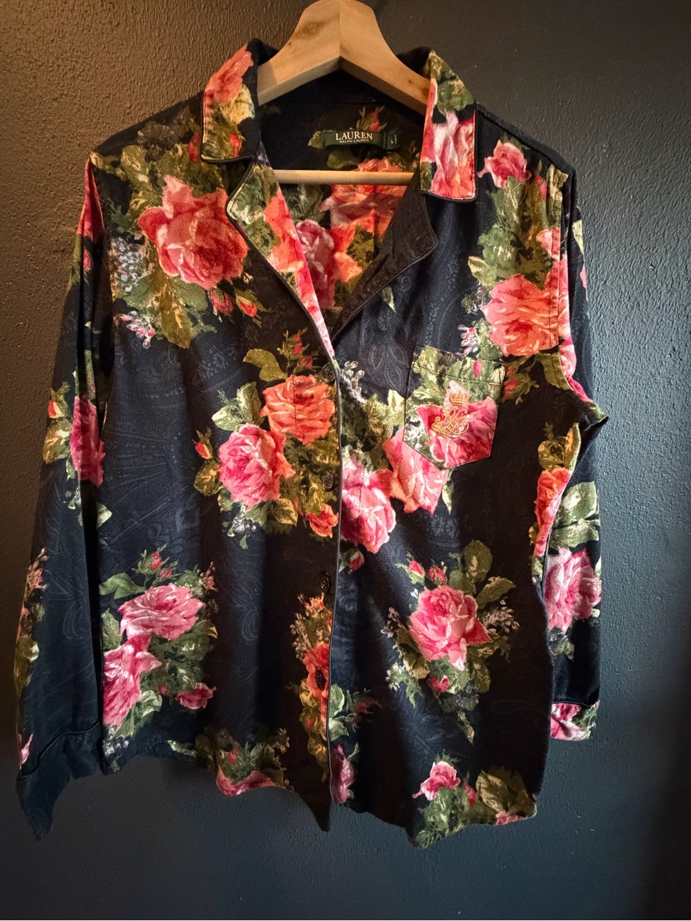 Ralph Lauren Black Floral Button-Down Shirt with Pink Roses